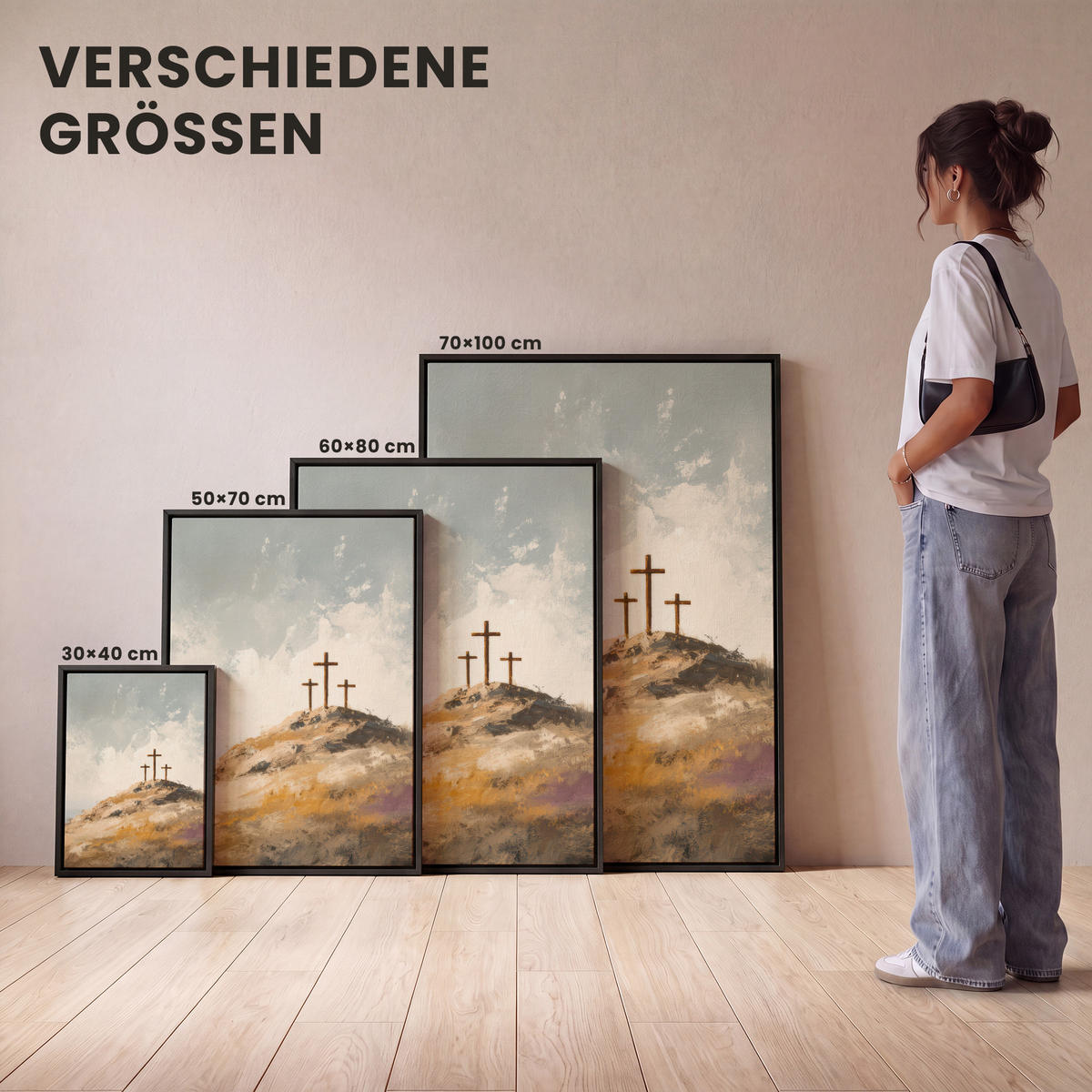 LEINWAND Bilder mit Rahmen - Hügel - Abstrakt - Christentum - Kreuz - 70x100 - Hellgrau, Textil (70/100cm) - MuchoWow