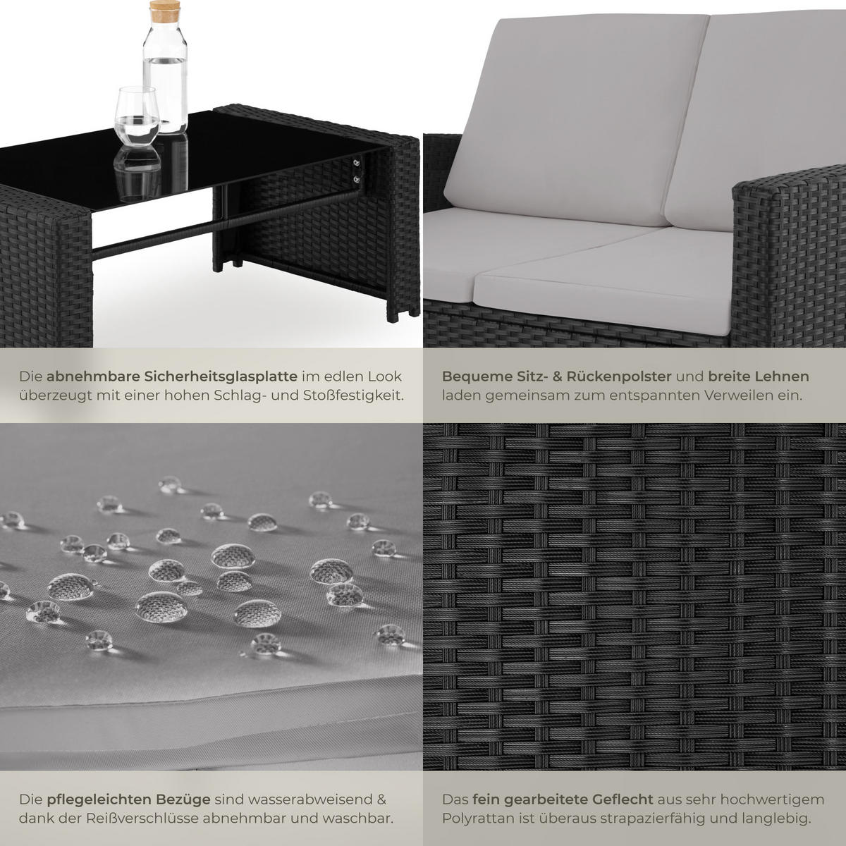 RATTANLOUNGE Jesolo,mit Sicherheitsglasplatte,schwarz/grau - Schwarz/Grau, Kunststoff - tectake