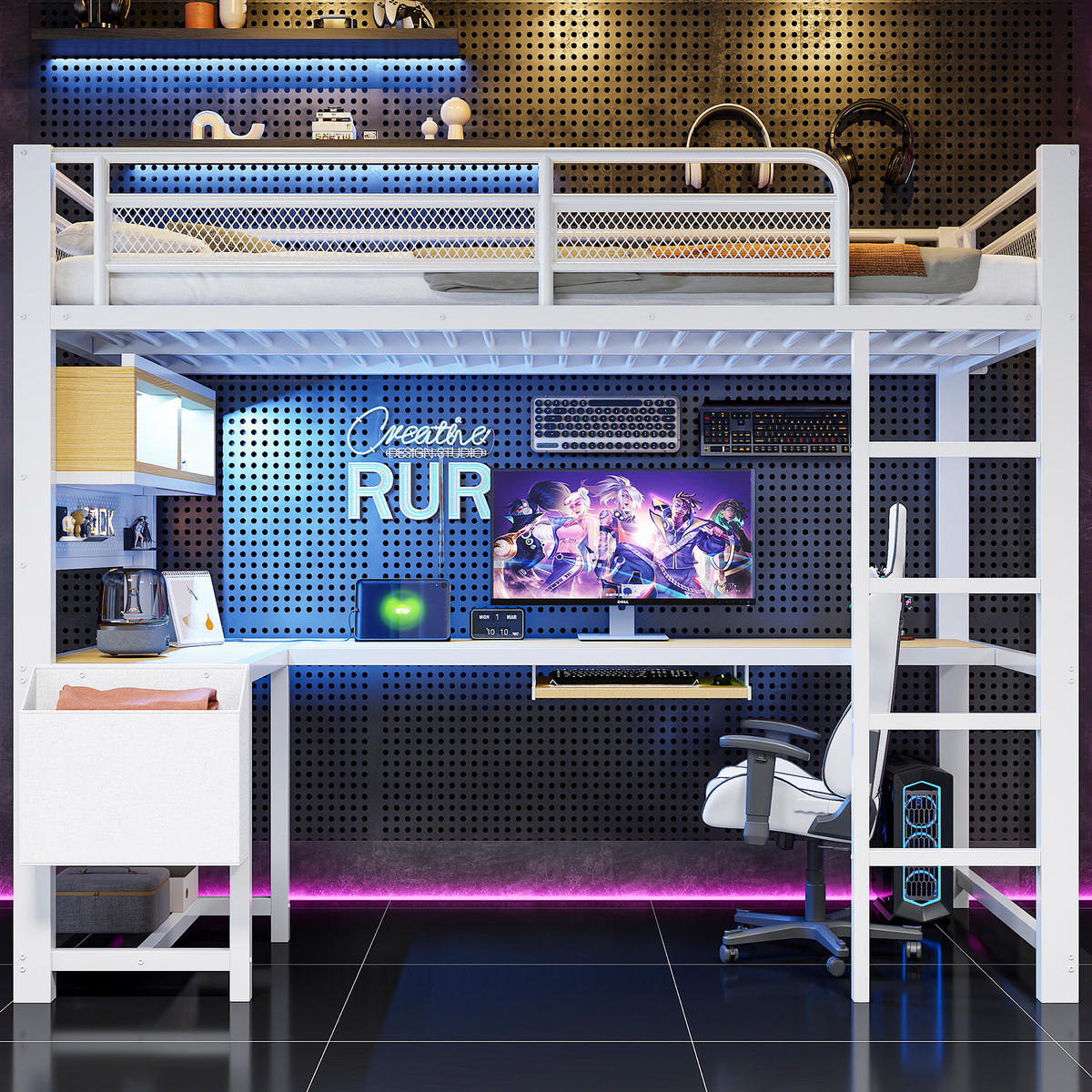 HOCHBETT 90/200 cm in Weiß mit Schreibtisch, LED und USB - Weiß, Holzwerkstoff/Metall (90/200cm) - WISHDOR