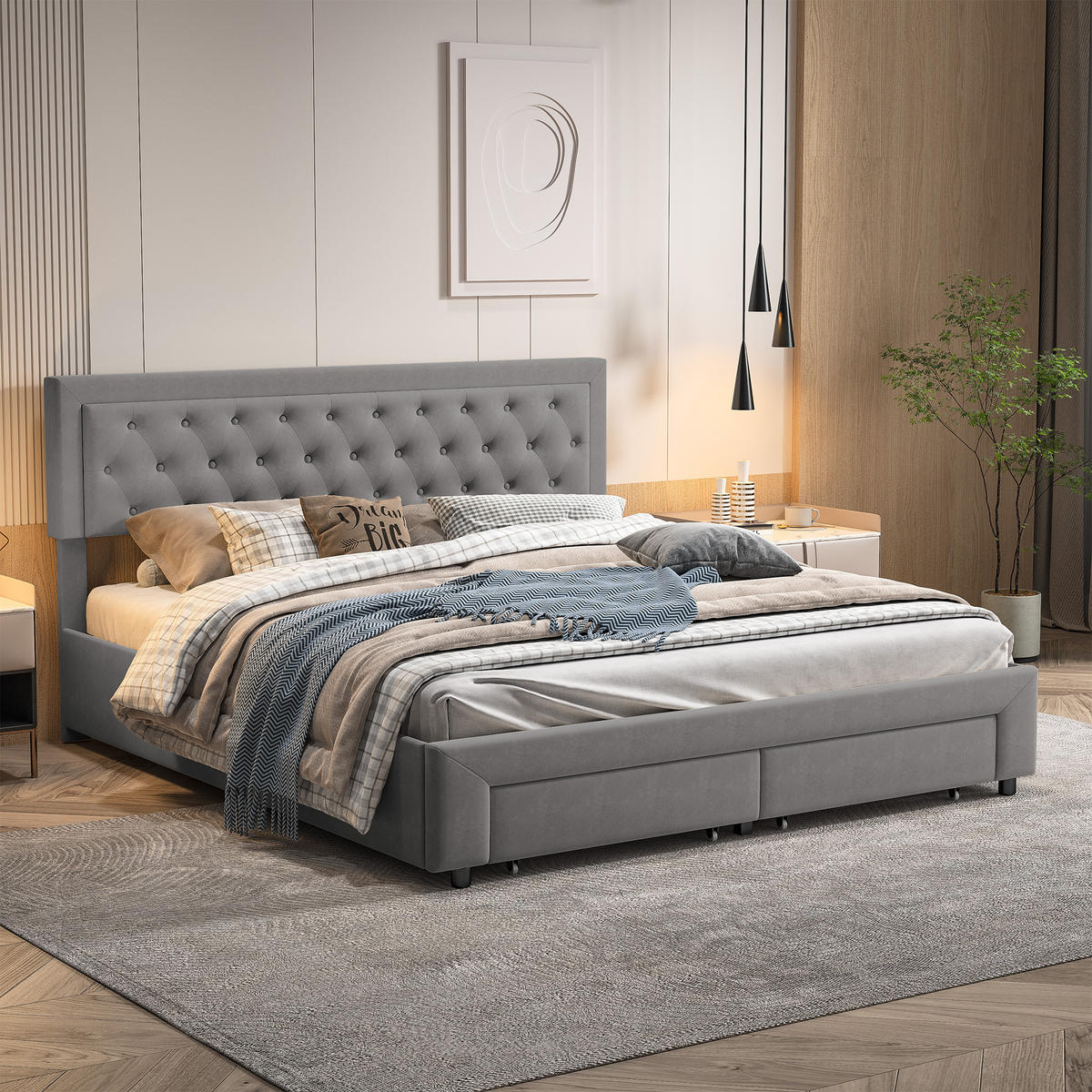 STAURABETT 160x200 Grau Samt mit Schubladen - Grau, Holzwerkstoff (160/200cm) - SHOPENTRA