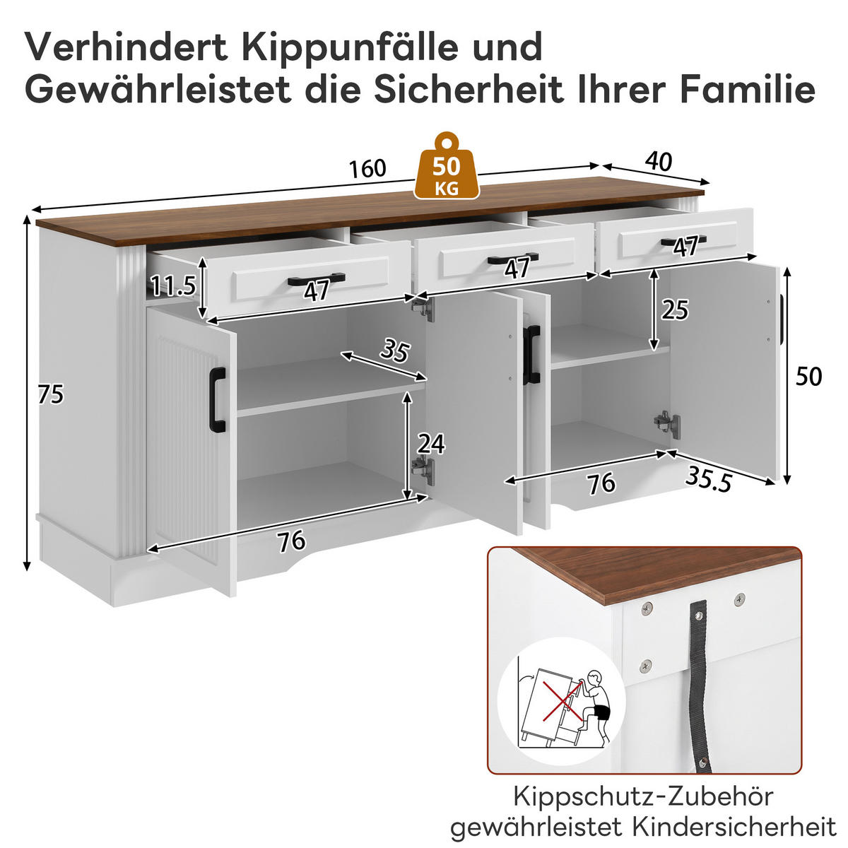 SIDEBOARD 3D Front 4 Türen 3 Schubladen MDF - Weiß, Holzwerkstoff (160/75/40cm) - FLIEKS