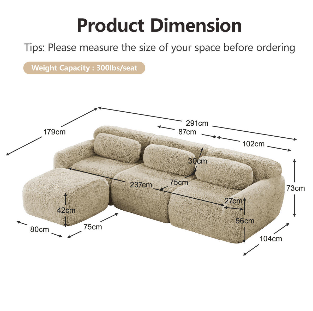 ECKSOFA 291/179/73 cm hellkhaki aus Plüschstoff rahmenlos modular mit Kissen - Beige, Textil (179/291cm) - OKWISH