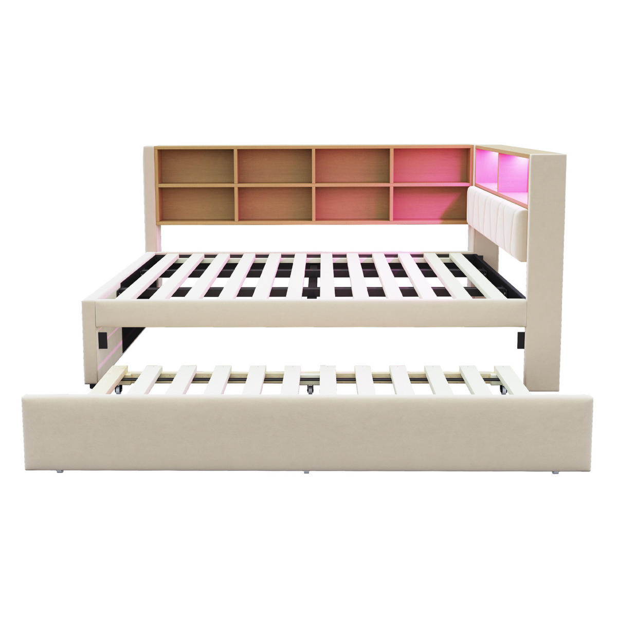 BETT 140/200 cm mit Ausziehbett 90/190 cm, Stauraum und LED - Beige, Textil (140/200cm) - BEAOK