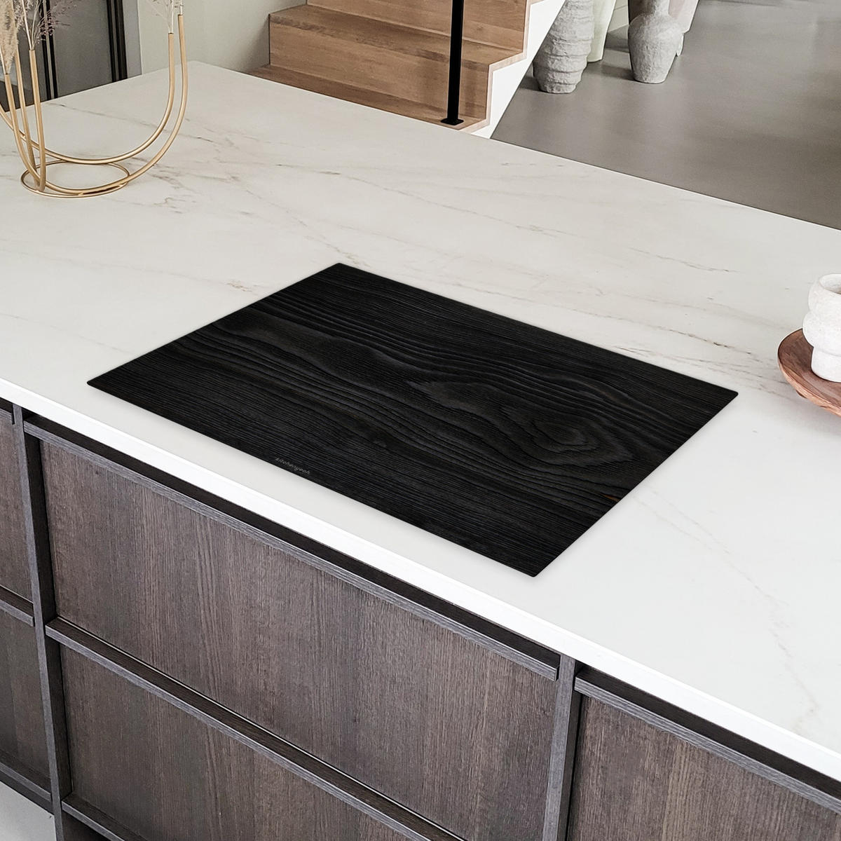 HERDABDECKPLATTE Schwarz - Holzoptik Induktionsschutz 80x52.2 cm - Schwarz, Kunststoff (80.2/52.2/0.2cm) - MuchoWow