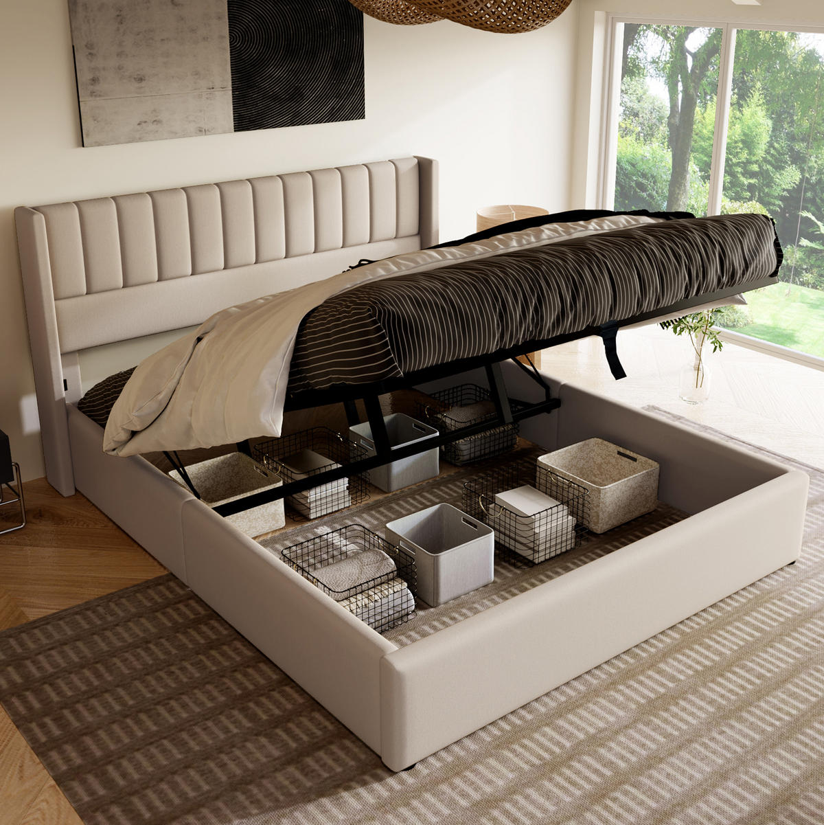 POLSTERBETT mit Bettkasten 180x200 cm Leinen Beige - Beige, Metall (180/200cm) - Meubliv