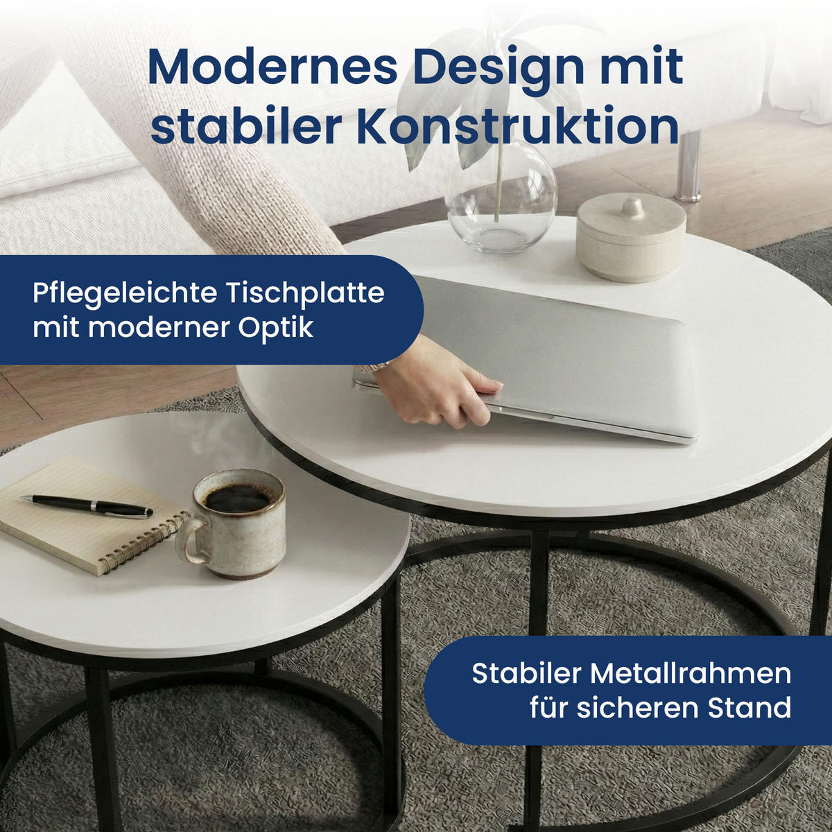 COUCHTISCH 2er Set rund weiß - Weiß, Holzwerkstoff (70/70/42.5cm) - Home Collective