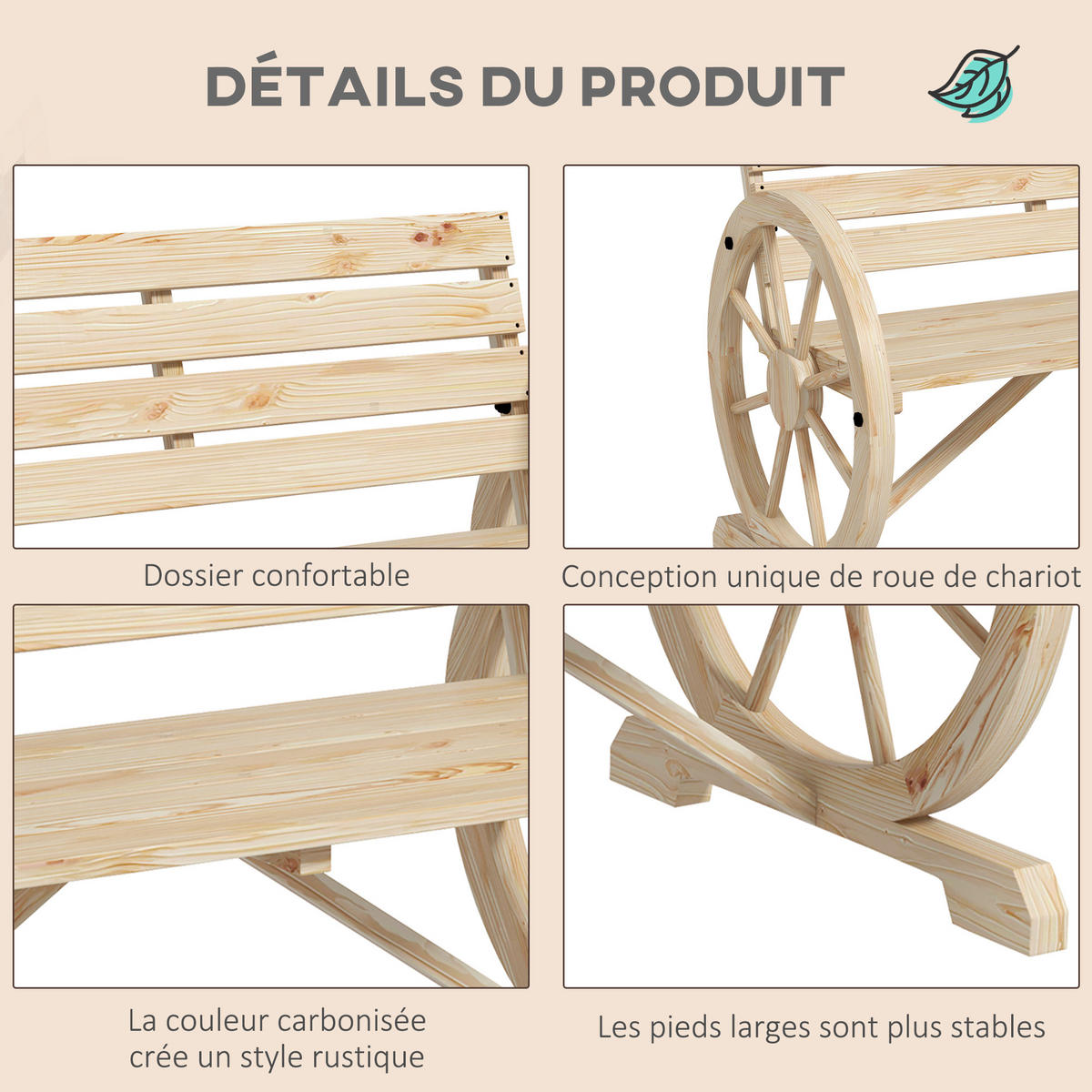 GARTENBANK DE-17785 3-Sitzer mit Wagenrad-Armlehnen Natur - Naturfarben, Holz (105.5/79/56cm) - ComfortXL