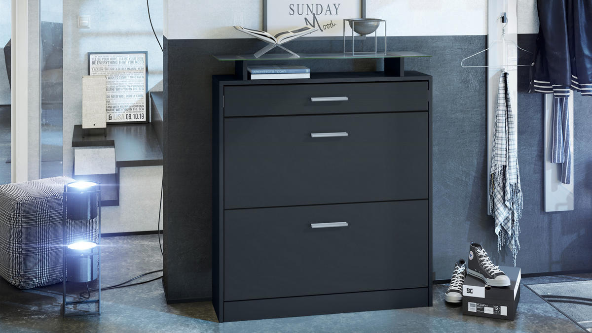 SCHUHSCHRANK Loret Front in Schwarz matt - Schwarz, Holzwerkstoff (89/104/23cm) - Vladon