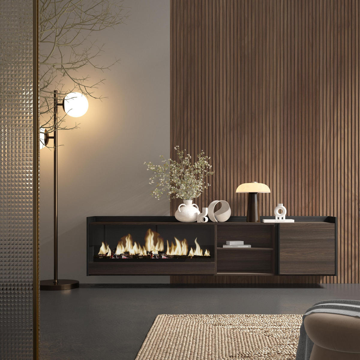 LOWBOARD, Eiche und Schwarz, 212/35/50cm, Kamin mit Feuereffekt XXL - Dunkelbraun, Holzwerkstoff (212/50/35cm) - Skraut Home