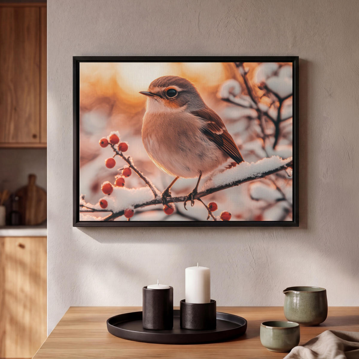LEINWAND Bilder mit Rahmen - Vogel - Zweig - Winter - Tiere - Schnee - 40x30 - Bernsteinfarben, Textil (40/30cm) - MuchoWow