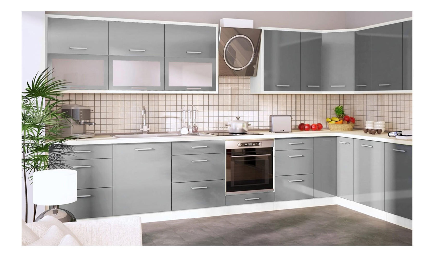 WINKELKÜCHE Brerra weiß / fenstergrau hochglanz 18-teilig - Weiß/Grau, Holzwerkstoff (380/207/170cm) - Feldmann-Wohnen