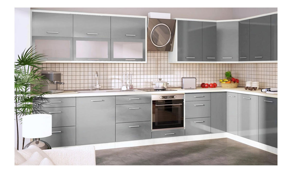 WINKELKÜCHE Brerra weiß / fenstergrau hochglanz 18-teilig - Weiß/Grau, Holzwerkstoff (380/207/170cm) - Feldmann-Wohnen