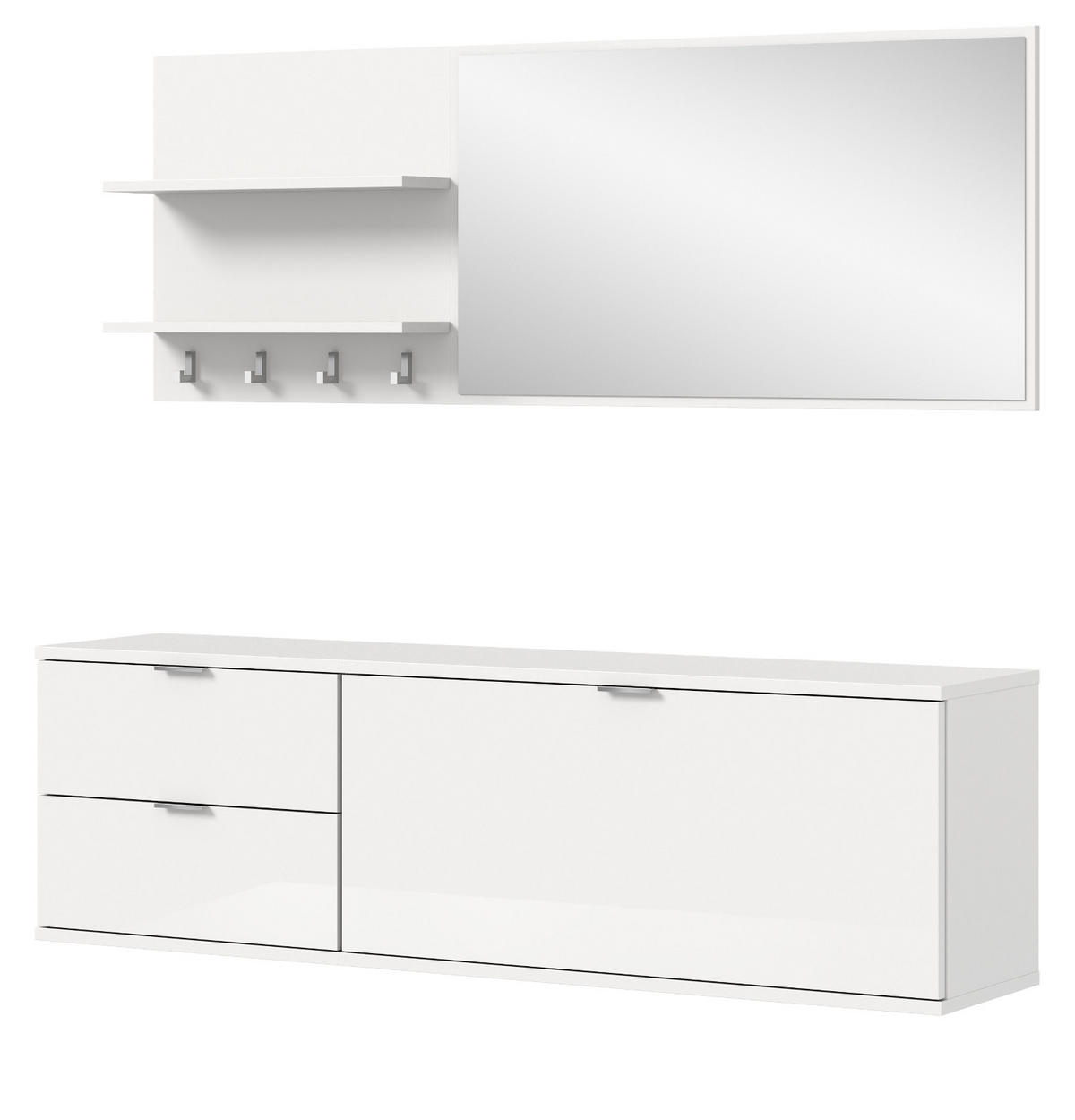 GARDEROBE Set 4-teilig weiß Hochglanz 144 cm, Garderobenkombination mit Spiegel hängend - Chromfarben/Weiß Hochglanz, Holzwerkstoff/Kunststoff (144/193/34cm) - Inn.Furn