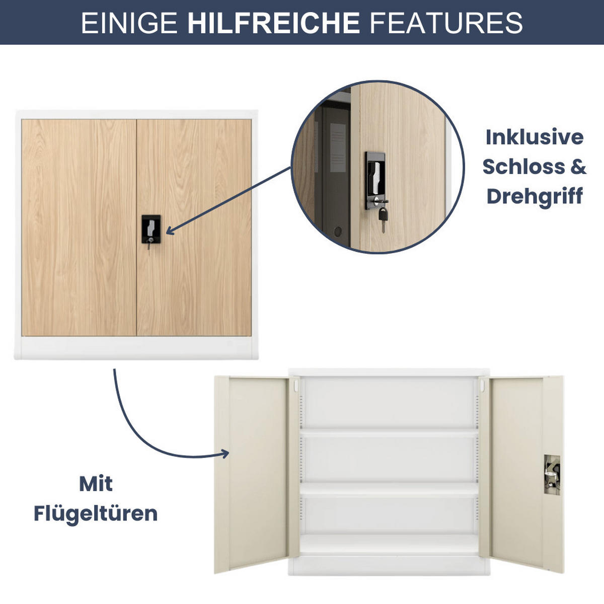 AKTENSCHRANK abschließbar KADO mit Flügeltüren 93x90x40cm Weiß-Sonoma Eiche - Weiß, Metall (90/93/40cm) - DELUKE