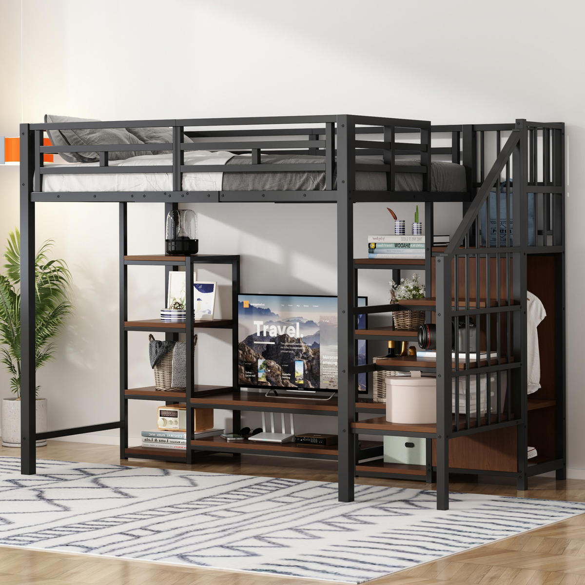 HOCHBETT 90/200 cm schwarz mit TV-Ständer, Steckdose und Sicherheitsleiter mit Matratze - Schwarz, Metall (90/200cm) - OKWISH