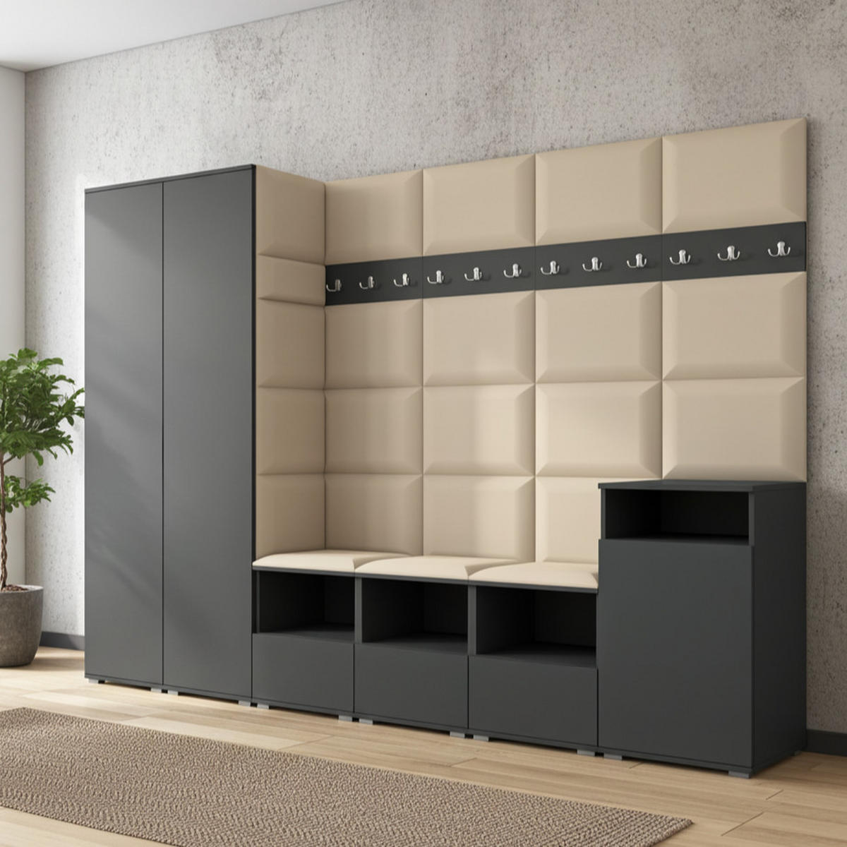 GARDEROBE NELA XII 300 cm (Modulare Flurmöbel Graphit mit Sitzpolster Beige 04 Gigantisches Set) - Beige/Silberfarben, Holz/Holzwerkstoff (300/187/40cm) - Ravio