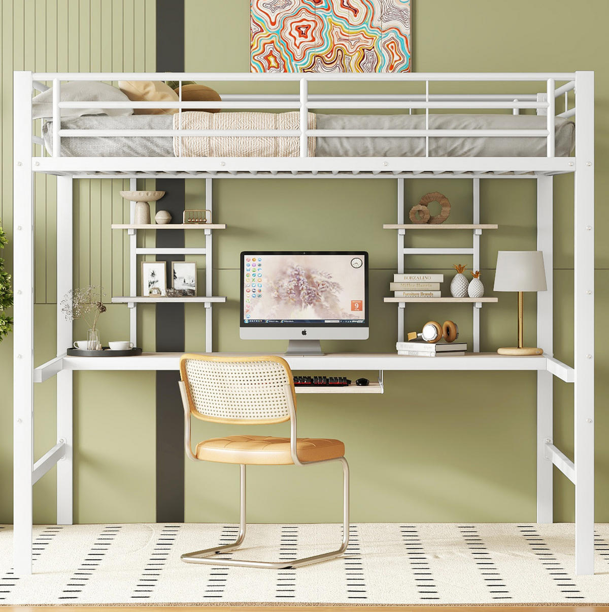 HOCHBETT 140/200 cm aus Metall mit Schreibtisch und 2 Regalen, Weiß - Weiß, Metall (140/200cm) - Flora Grace