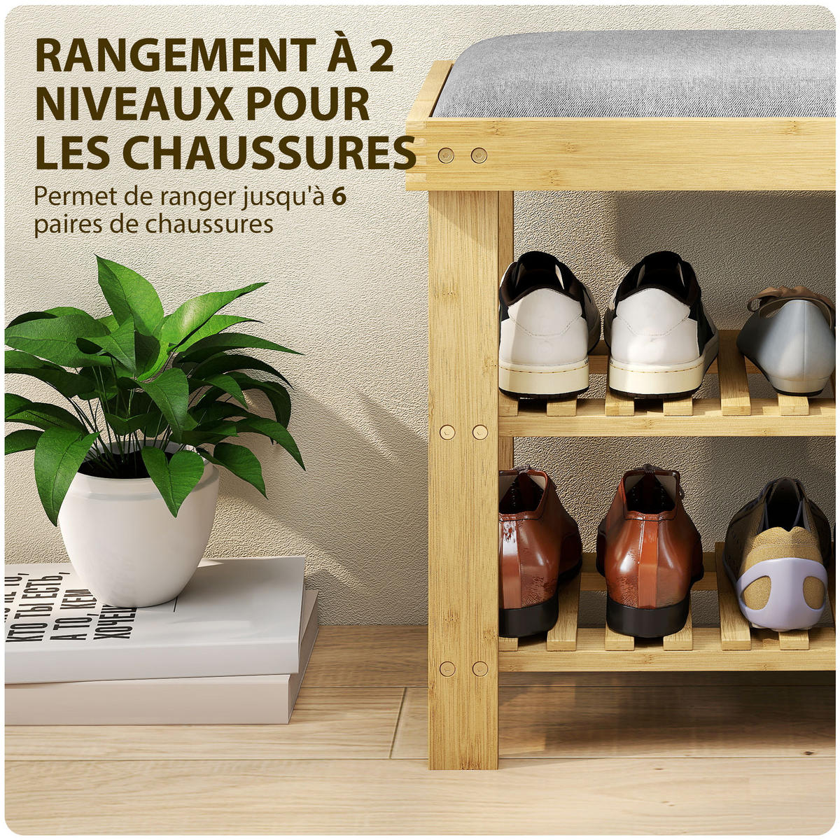 SCHUHBANK Naturfarben und Grau 60/29/49 cm - Grau, Holz (60/49/29cm) - PANGIVO