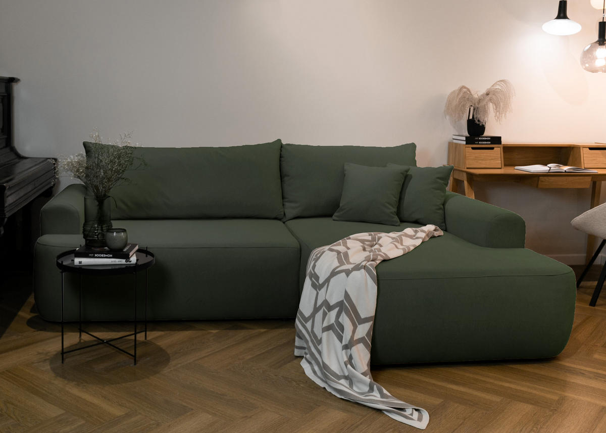 ECKSOFA Ovo Olivgrün Velours - Schwarz/Olivgrün, Kunststoff/Textil (260/165cm) - Selsey