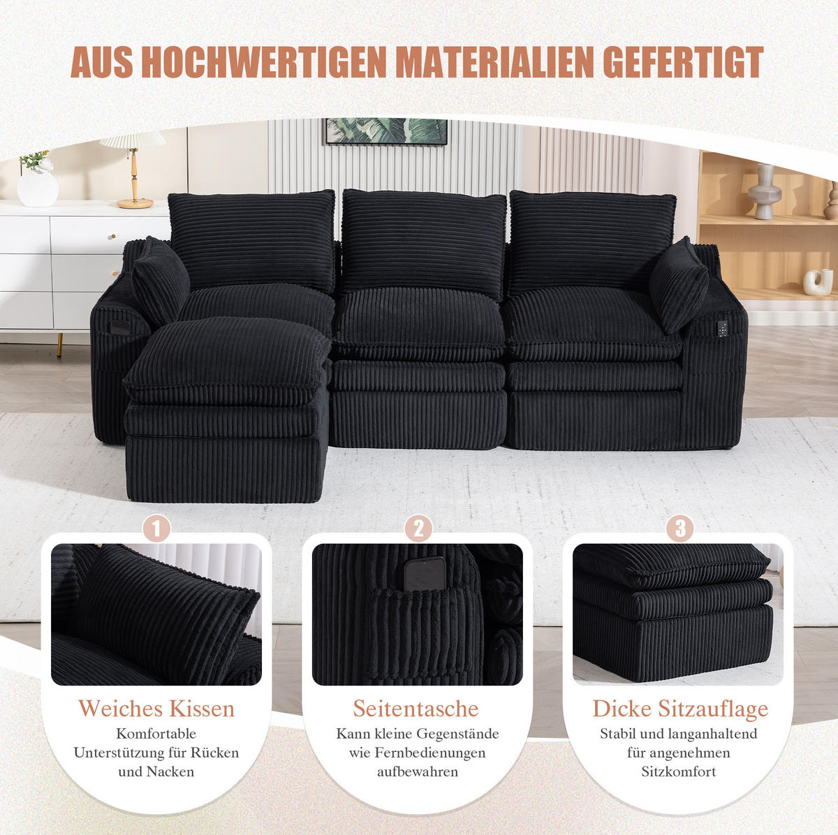 3-STIZER Sofa 263/167/85 cm frei kombinierbar mit Hocker, Seitentaschen und Kissen, Schwarz - Schwarz, Textil (263/85/167cm) - Redom
