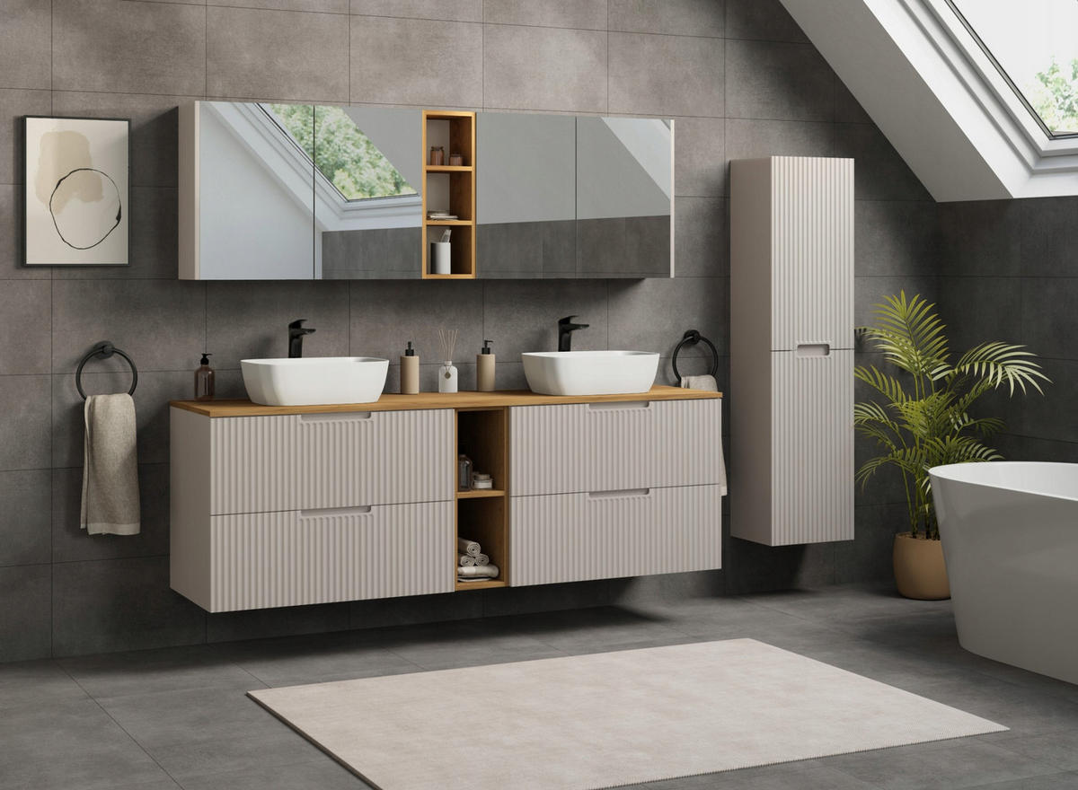 WASCHBECKUNTERSCHRANK VENA 160 cm mit Arbeitsplatte Farbe: Kaschmir geriffelte Vorderseite Kaschmir - Kaschmir, Holzwerkstoff (160/58/46cm) - Rodan