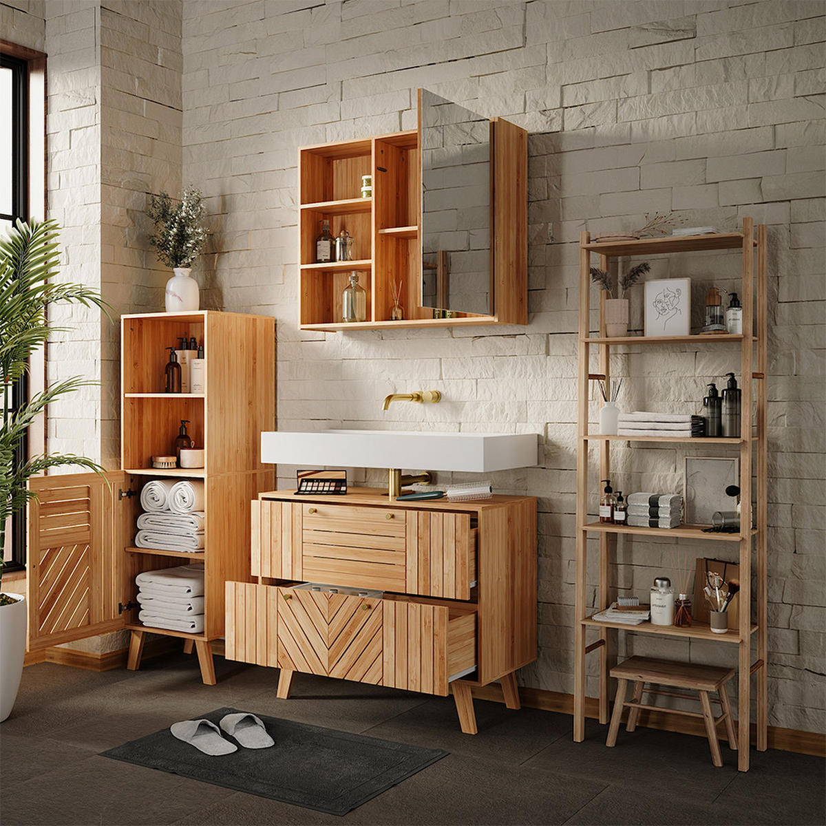 BADMÖBEL-SET Lucie Bambus 3 Teile - Grün, Holzwerkstoff (80/65/36cm) - Vicco