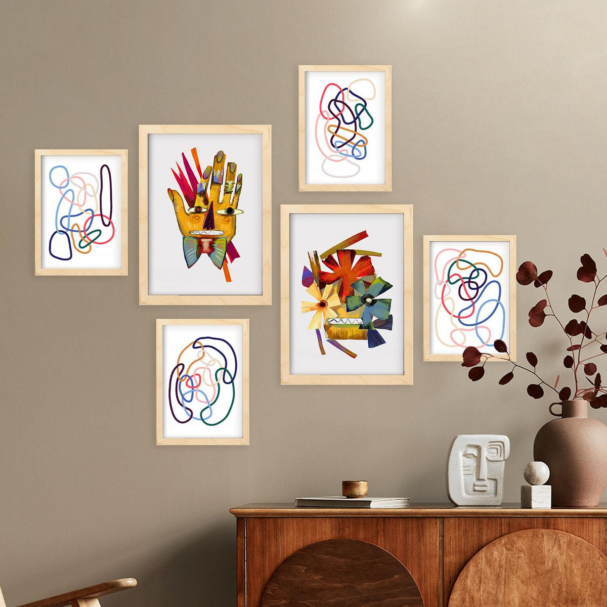 POSTER Set Mit 6 Handte Kunst In Blume Zusammenfassung Ästhetische Dekorative Gemälde Für Ihr Wohnzimmer Zuhause A3 & A4 Rahmen Aus Hellem Holz - Beige, Papier (29/3cm) - Nacnic