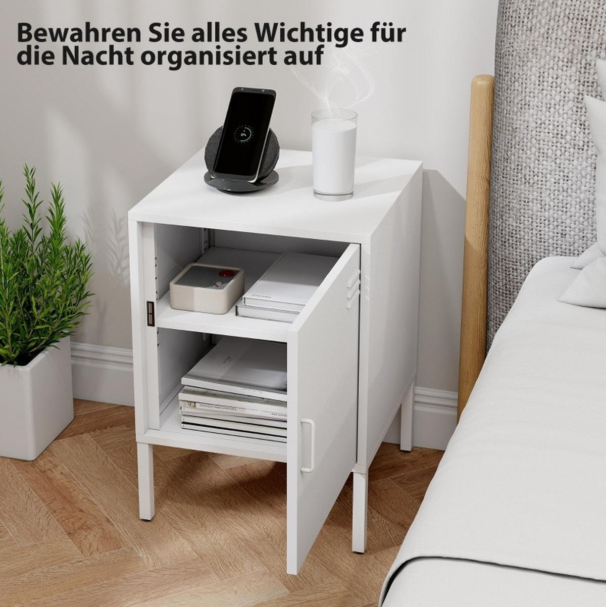 NACHTTISCH 40/56/40 cm Weiß aus Stahl mit verstellbarem Regal - Weiß, Metall (40/56/40cm) - OKMYHOME