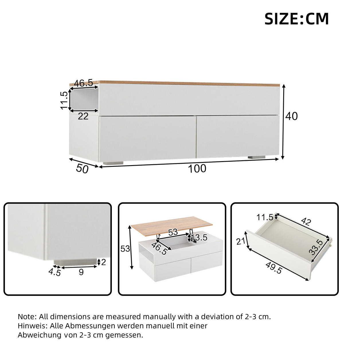 KONFERENČNÍ stolek 100/50/40 cm bílá z dřevotřísky se zvedací deskou a 2 zásuvkami - bílá, kompozitní dřevo (100/50/40cm) - OKWISH