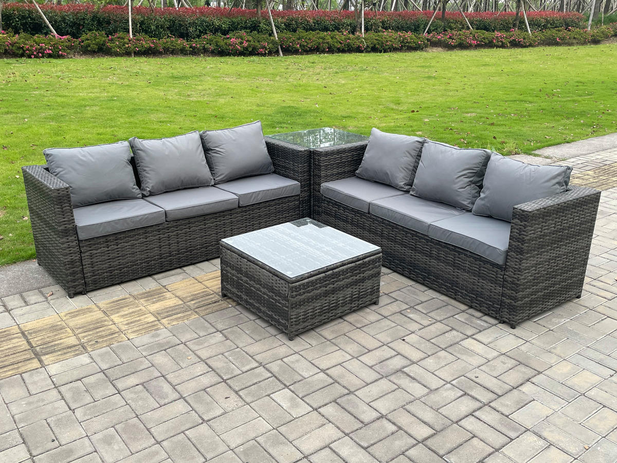 GARTENMÖBEL SET Polyrattan 6-Sitzer - Dunkelgrau/Grau, Glas/Kunststoff - Fimous