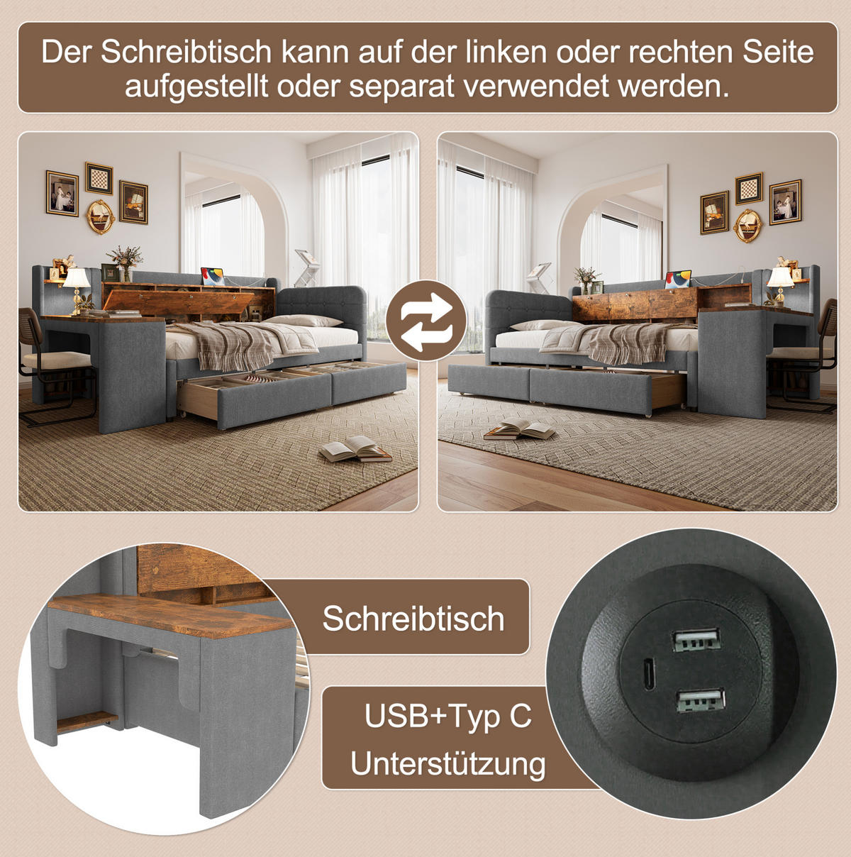 POLSTERBETT 90/200 cm mit 2 Schubladen, Schreibtisch und USB/Type-C - Grau, Textil (90/200cm) - BEAOK