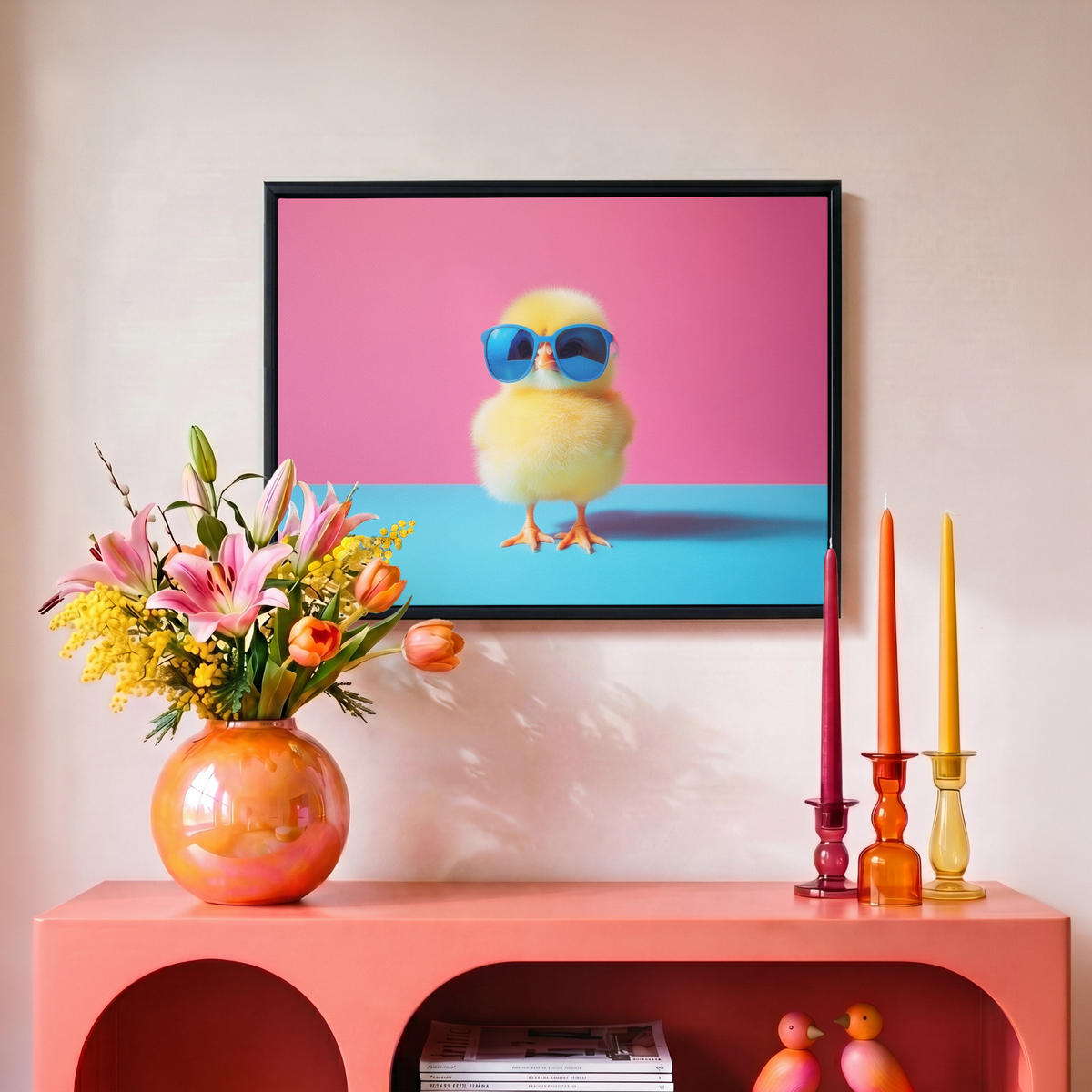LEINWAND Bilder mit Rahmen - Chick - Sonnenbrille - Blau - 40x30 - Pink, Textil (40/30cm) - MuchoWow