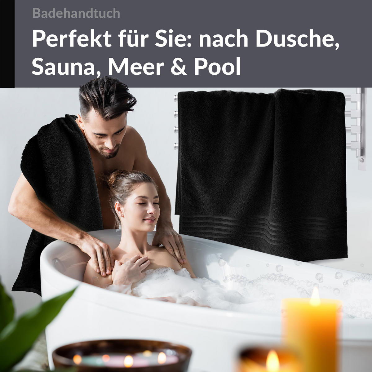 BADETUCH London Schwarz 2er Set 100x150 - Schwarz, Textil (100/150cm) - Lashuma