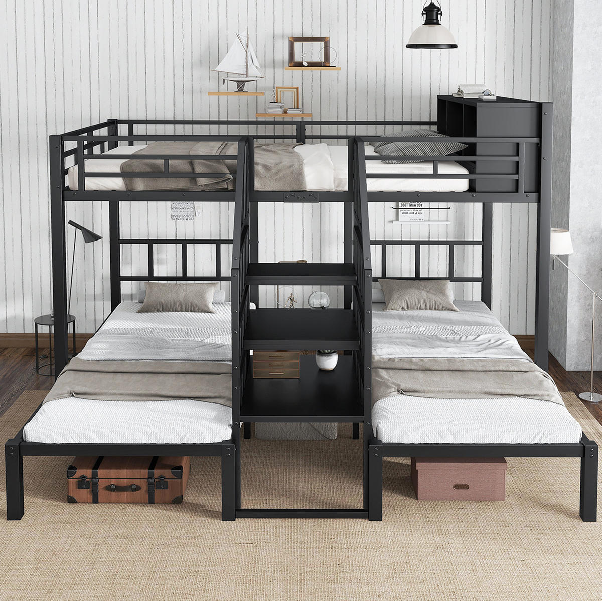 ETAGENBETT 90/200 & 140/200 cm in Schwarz mit Treppe und Stauraum - Schwarz, Metall (90/200cm) - OKMYHOME