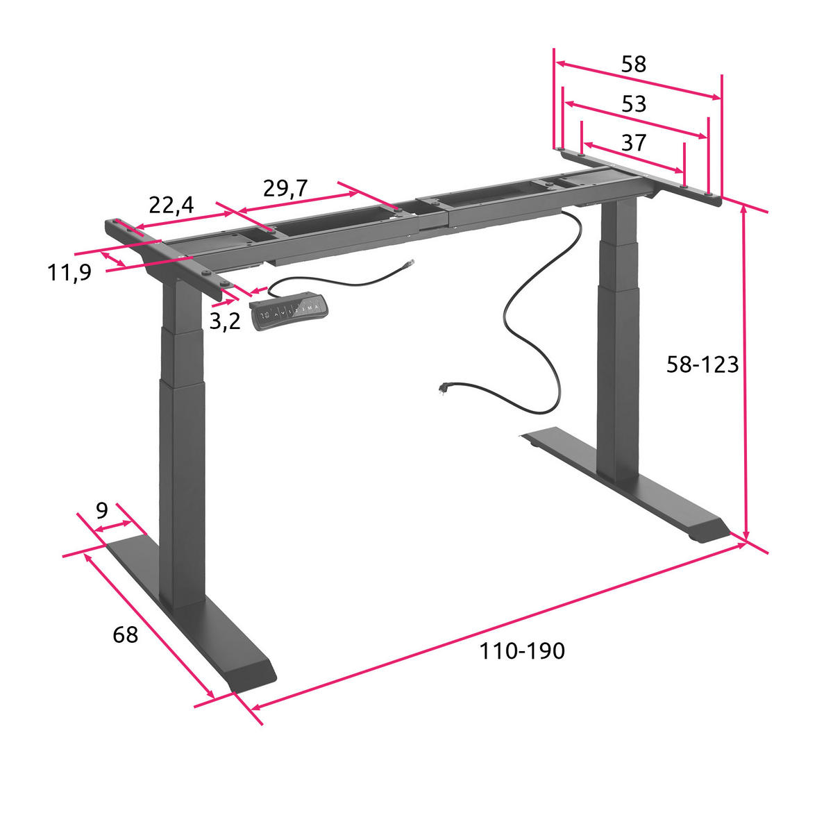 TISCHGESTELL Denis,110 - 190 x 68 x 58 - 123 cm,schwarz - Schwarz, Metall (190/68/123cm) - tectake