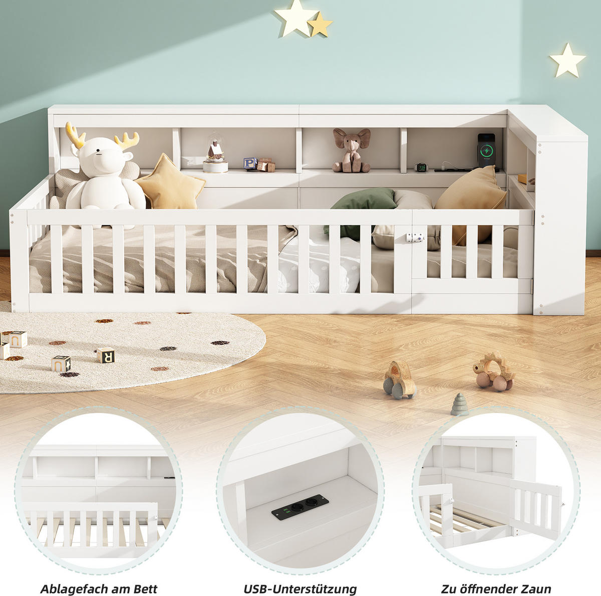 TAGESBETT 90/200 cm mit Lattenrost, USB-Anschluss, Steckdose und Stauraum aus Spanplatte/MDF, Weiß - Weiß, Holzwerkstoff (90/200cm) - Redom