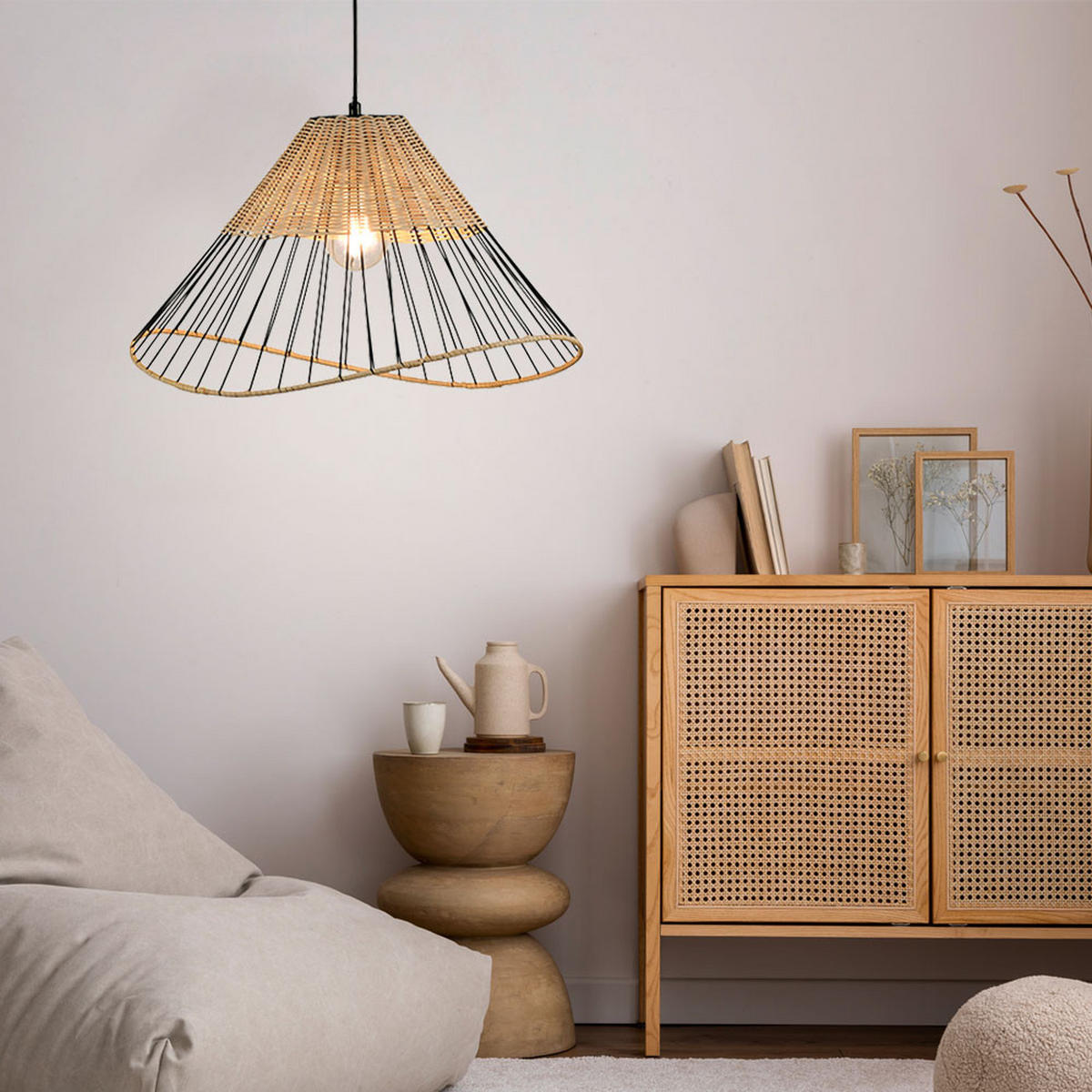 HÄNGELEUCHTE Metall Schwarz Holzgeflecht - Schwarz, Holz (48/48/120cm)