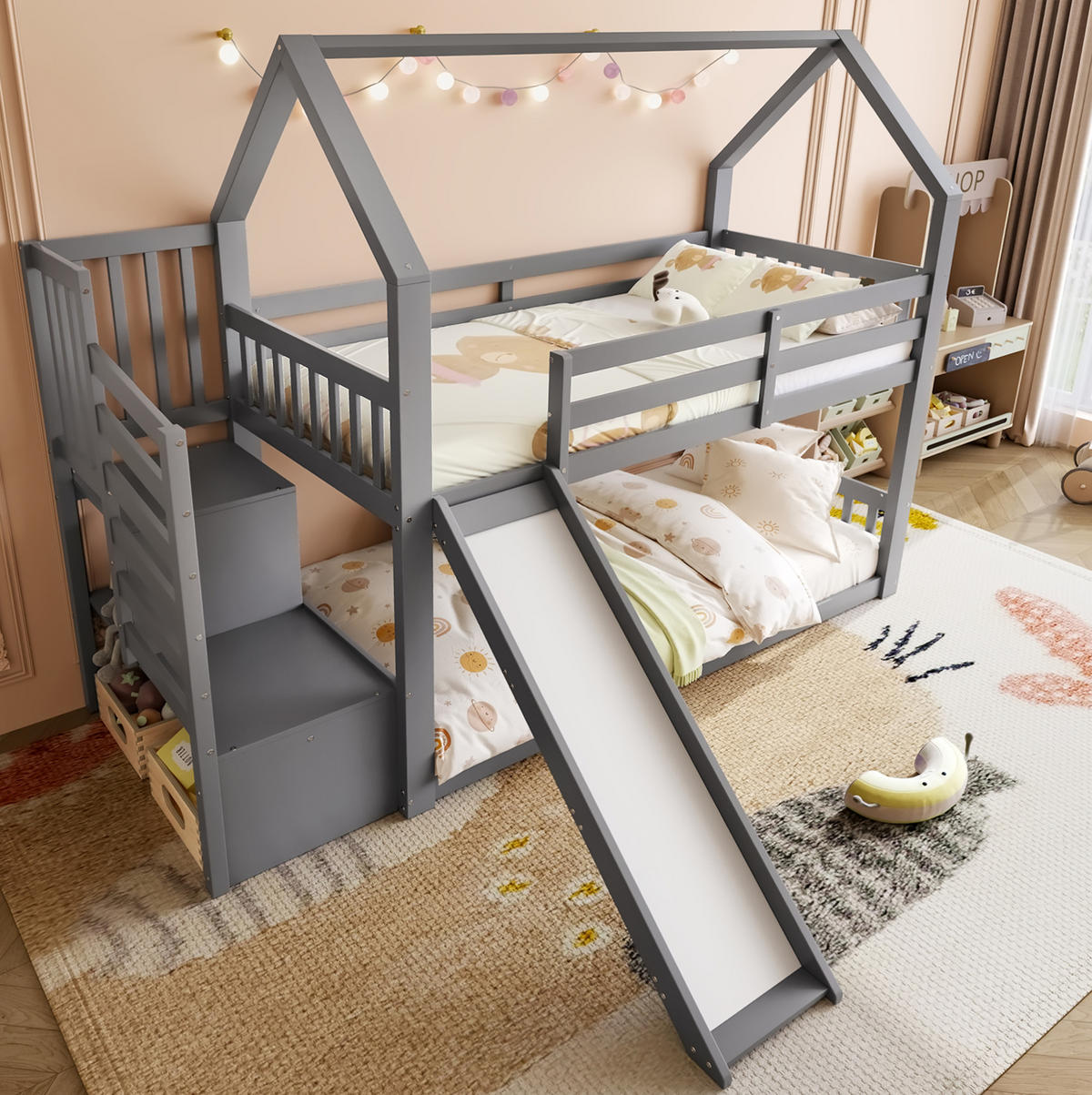 ETAGENBETT 90/200 cm mit Stauraumtreppe, Rutsche und Geländer aus Kiefernholz und MDF, Grau - Grau, Holz (90/200cm) - Redom