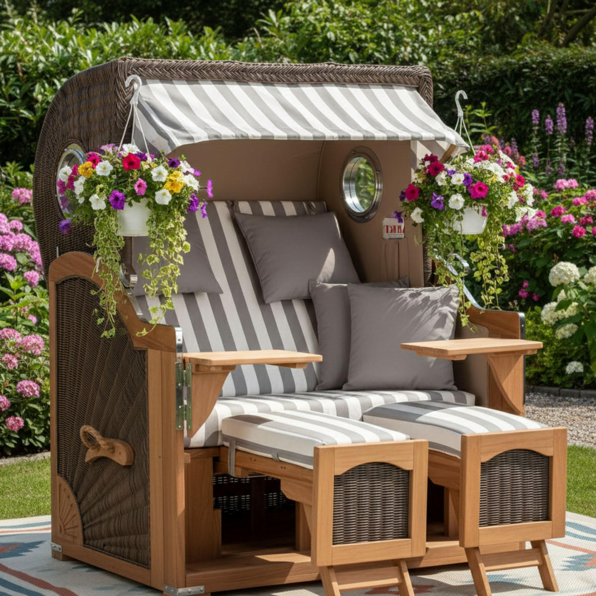 STRANDKORB Düne Grande Bullauge Teak PE Grey Dessin 513 - Braun/Grau, Metall (142/170/95cm) - Mr. Deko