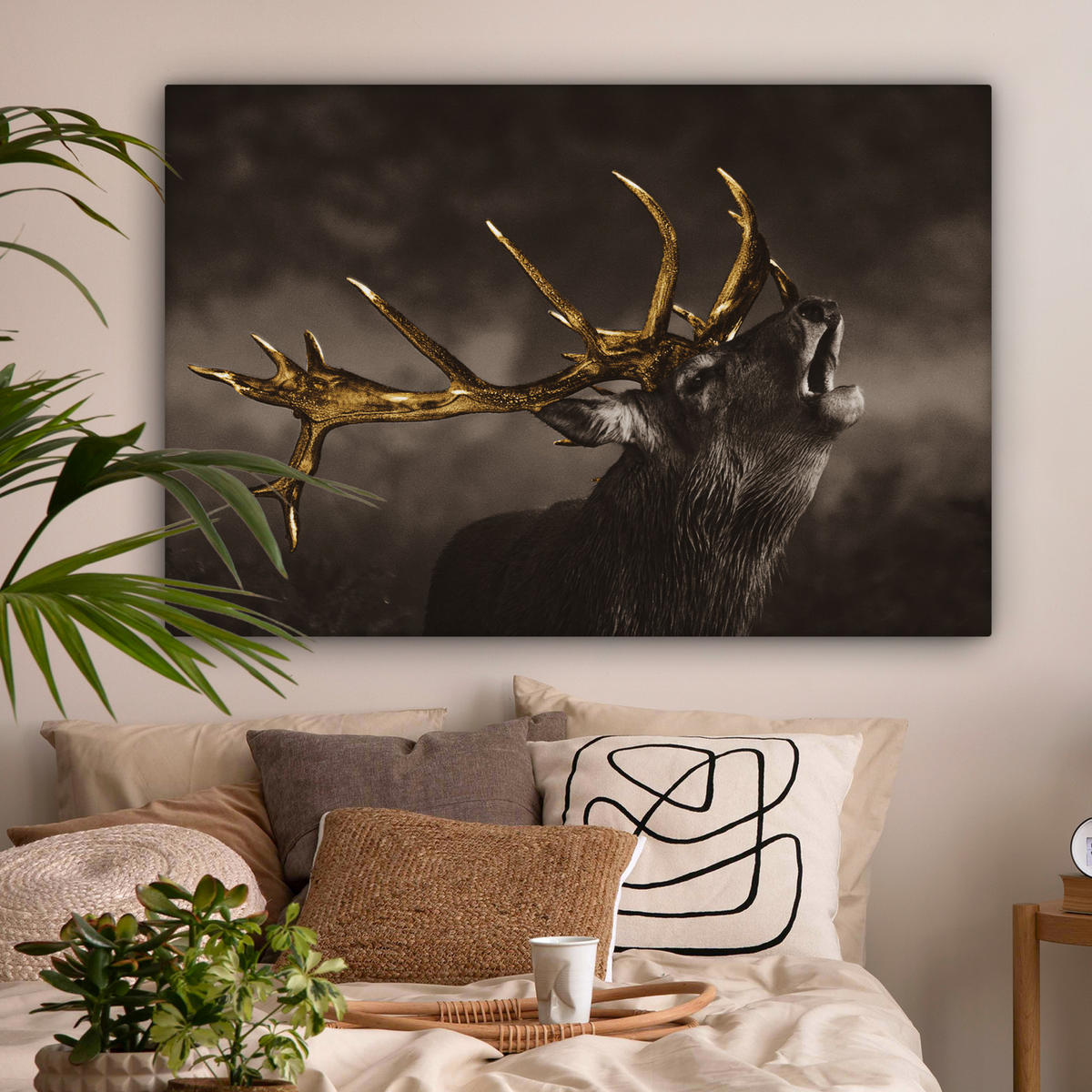 LEINWANDBILD Rotwild - Schwarz - Gold XXL 150x100 cm - Braun, Textil (150/100cm) - MuchoWow