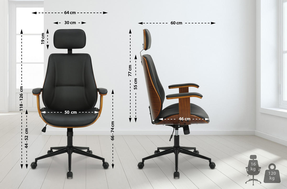 BÜROSTUHL Lugo Kunstleder walnuss/schwarz - Schwarz, Metall (60/126/60cm) - TPFLiving