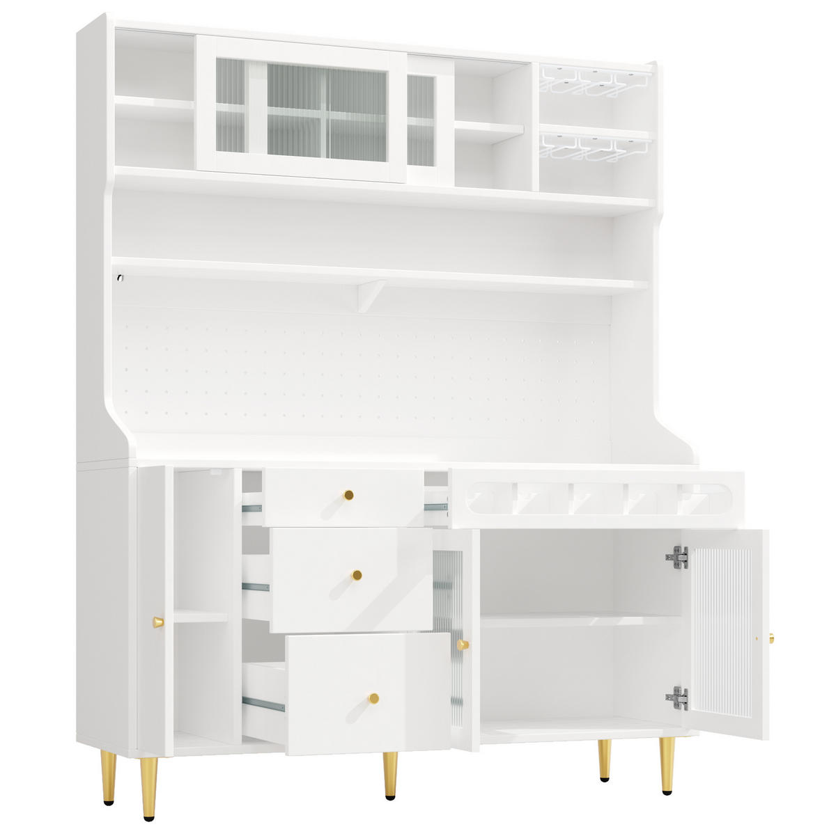 BUFFET 145/39/171 cm Weiß aus MDF mit LED und Weinregal - Weiß, Glas (145/171/39cm) - OKWISH