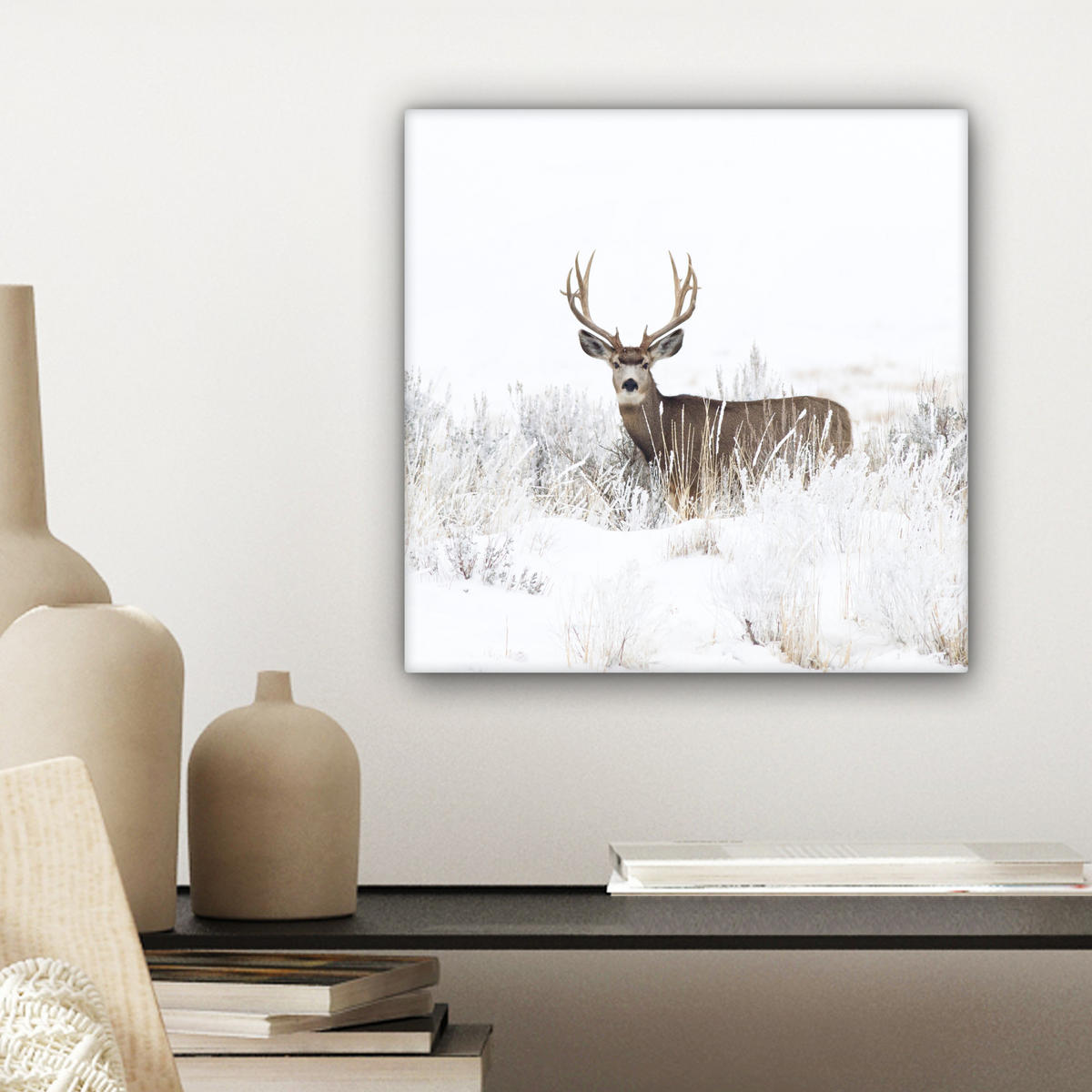LEINWANDBILD Hirsche - Winter - Schnee - Tiere - Jahreszeiten - Weiß Deko Wohnzimmer 20x20 cm - Hellbraun, Textil (20/20cm) - MuchoWow