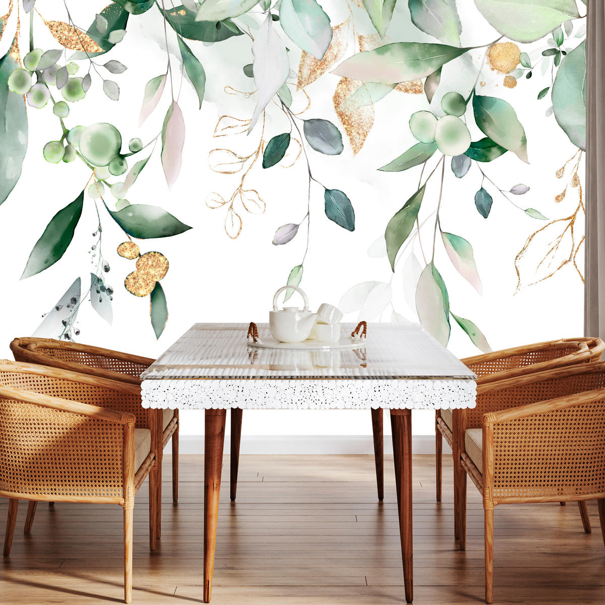FOTOTAPETE für Schlafzimmer Aquarell Blätter Eukalyptus Weiß 150x105 - Gelb/Weiß, Papier (150/105cm) - Muralo