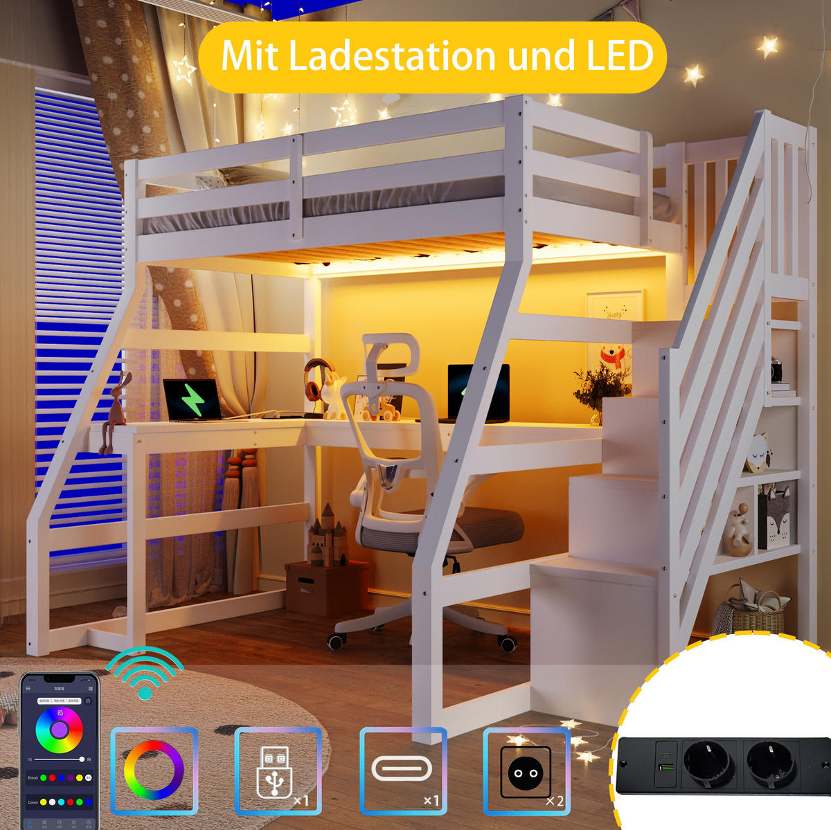 HOCHBETT 90/200 cm aus Kiefer und MDF mit Schreibtisch LED-Beleuchtung und Stauraumtreppe Weiß - Weiß, Holzwerkstoff (90/200cm) - Modenvie