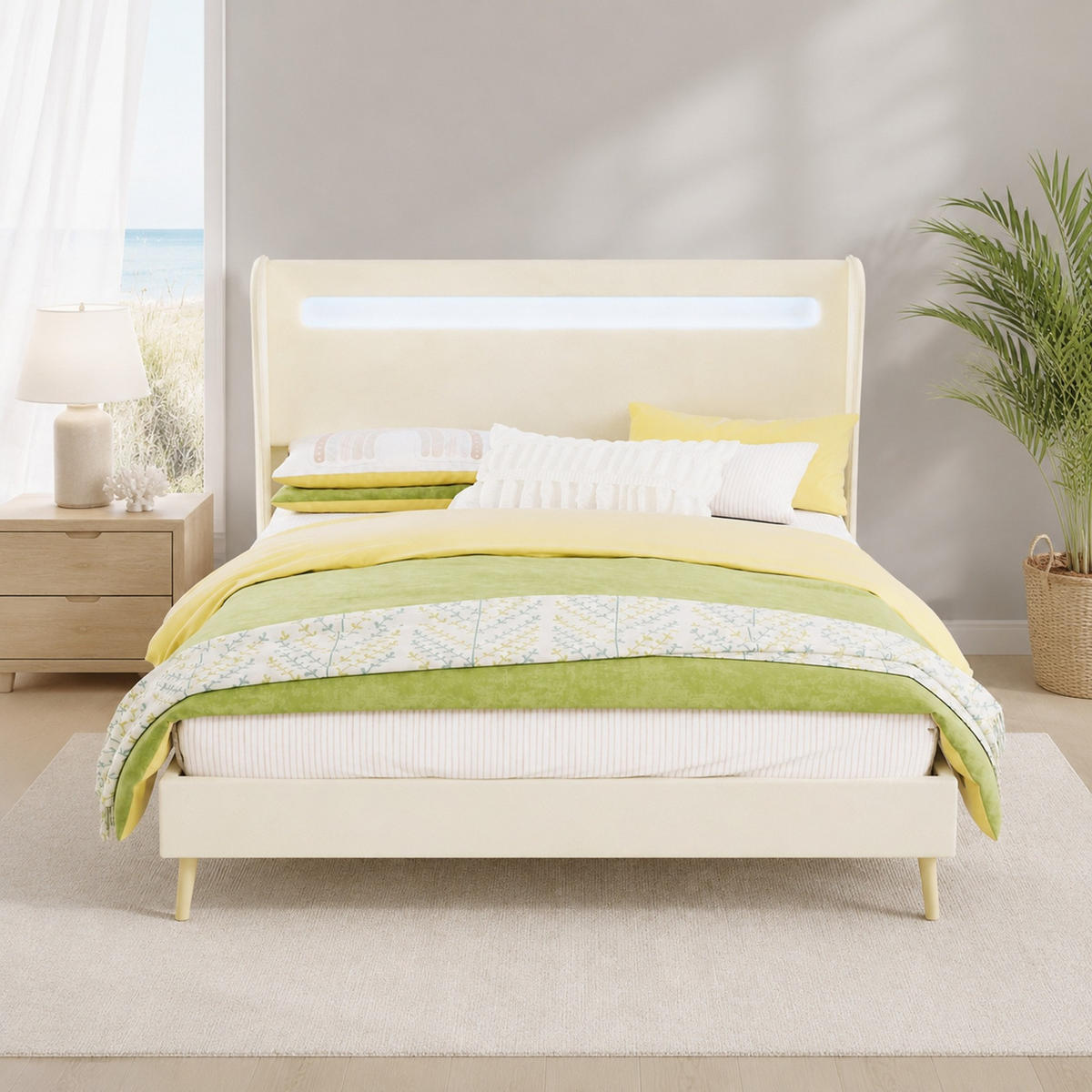 POLSTERBETT 140/200 mit LED und verstellbarem Kopfteil in Beige - Beige, Holzwerkstoff/Textil (140/200cm) - EVRYAE