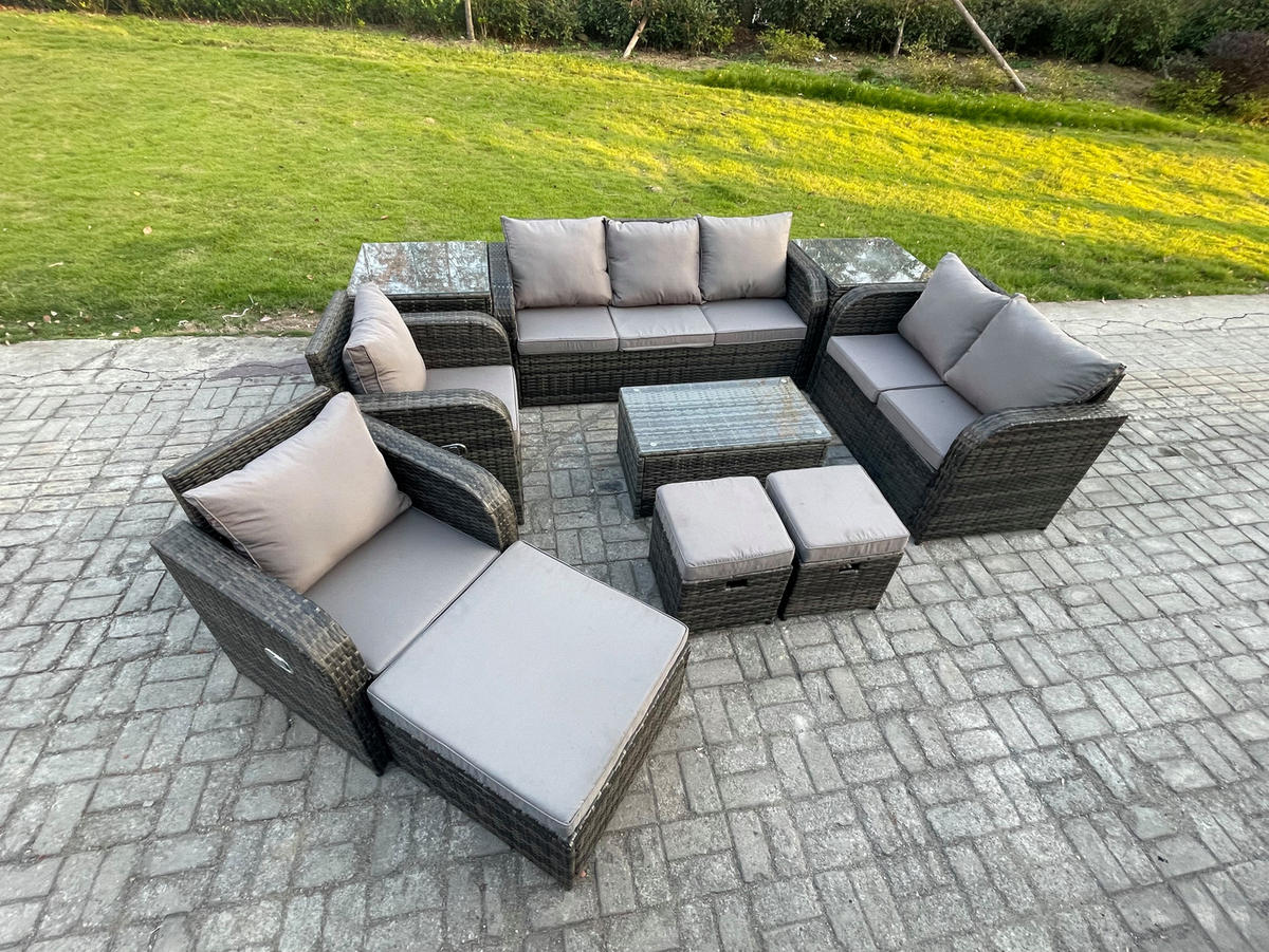 GARTENMÖBELSET mit Couchtisch Polyrattan 10-Sitzer - Dunkelgrau/Grau, Glas/Kunststoff - Fimous