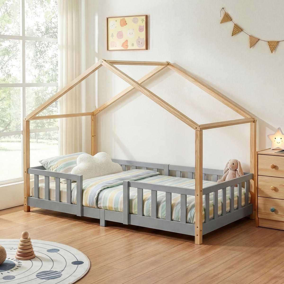 HAUSBETT Treviolo - Hellgrau/Naturfarben, Holz (90/200cm) - [en.casa]