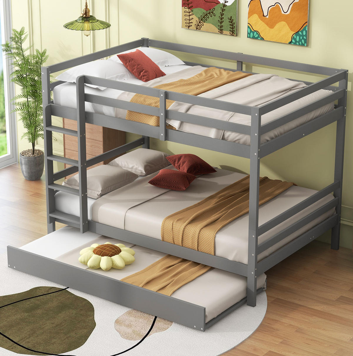 ETAGENBETT 140/200 cm Grau mit Ausziehbett und stabiler Treppe aus Kiefernholz - Grau, Holz (140/200cm) - OKWISH