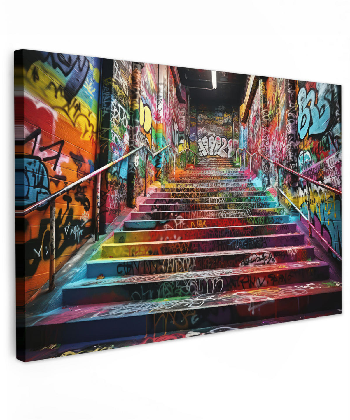 LEINWANDBILD Treppe - Graffiti - Farben - Kunst XXL 150x100 cm - Multicolor, Textil (150/100cm) - MuchoWow